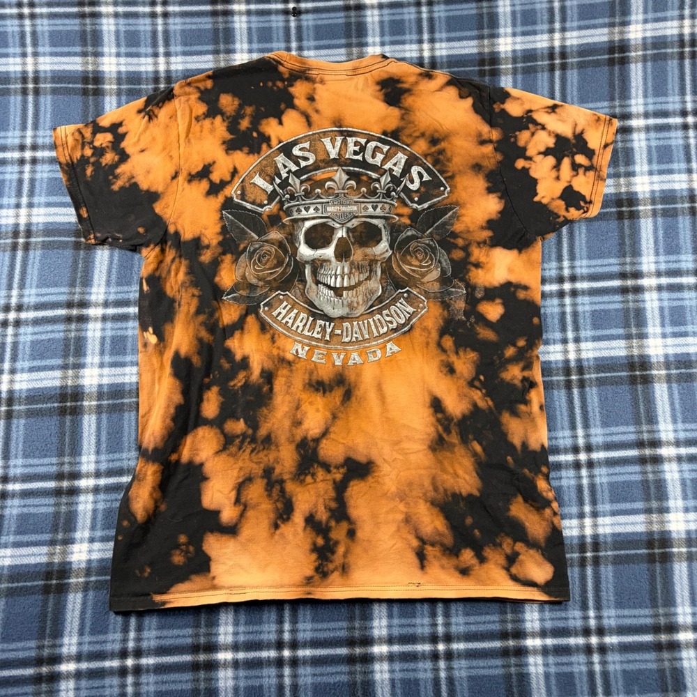 Harley-Davidson Las Vegas Skull Crown Bleach Dye T-Shirt Mens Large Orange Black